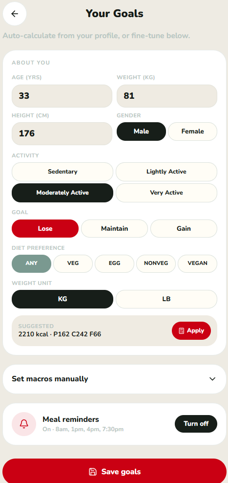Nutrio goals screen with profile inputs, activity level and macro targets