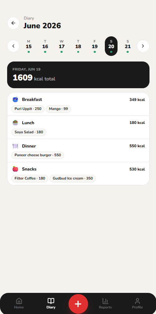 Nutrio diary screen listing logged breakfast, lunch, dinner and snacks by day