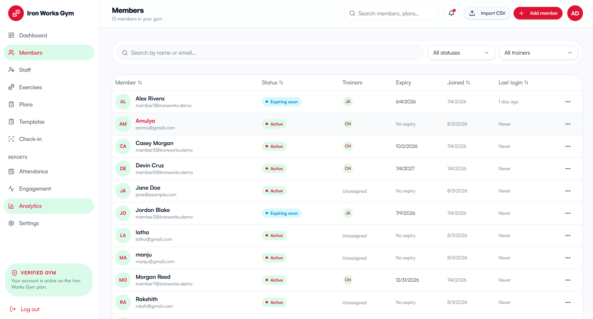 FitForge members table with status, assigned trainers, expiry and last login
