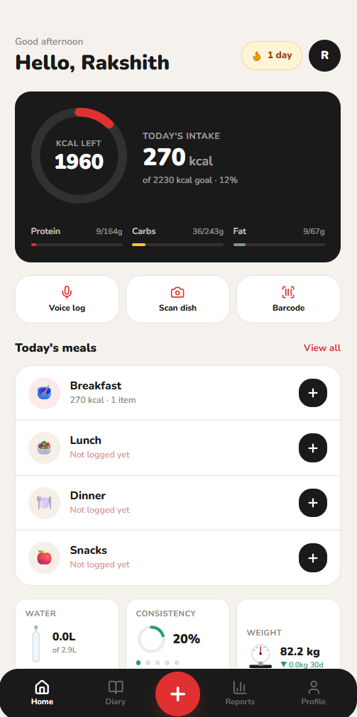 Nutrio home screen showing calorie ring, macro progress and today's meals