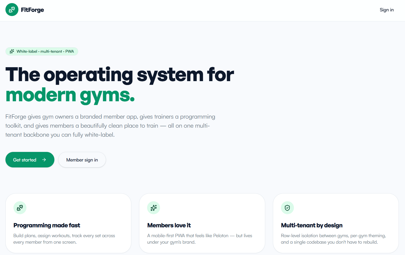 FitForge marketing landing page with white-label, multi-tenant PWA positioning